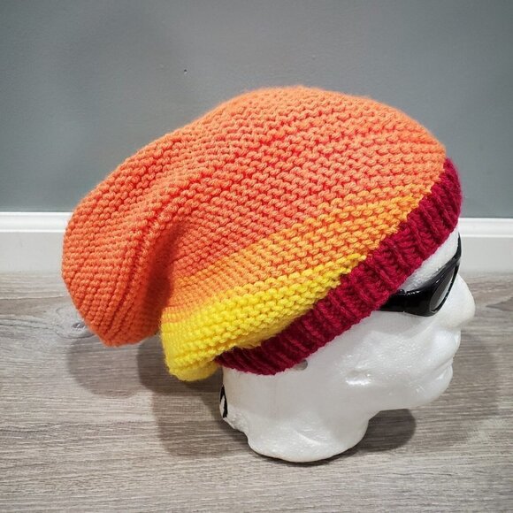 Handmade Colorful Ombre Slouchy Knit Beanie Hat  Rainbow Outdoors Yellow Red - Picture 1 of 13